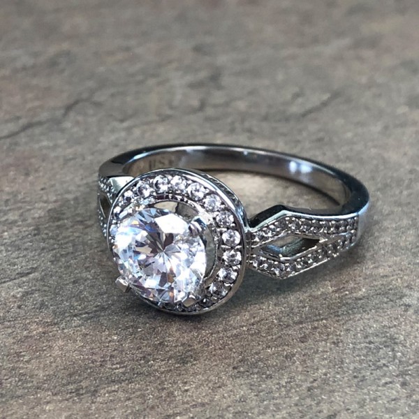 14K White Gold Split Shank Halo Engagement Ring